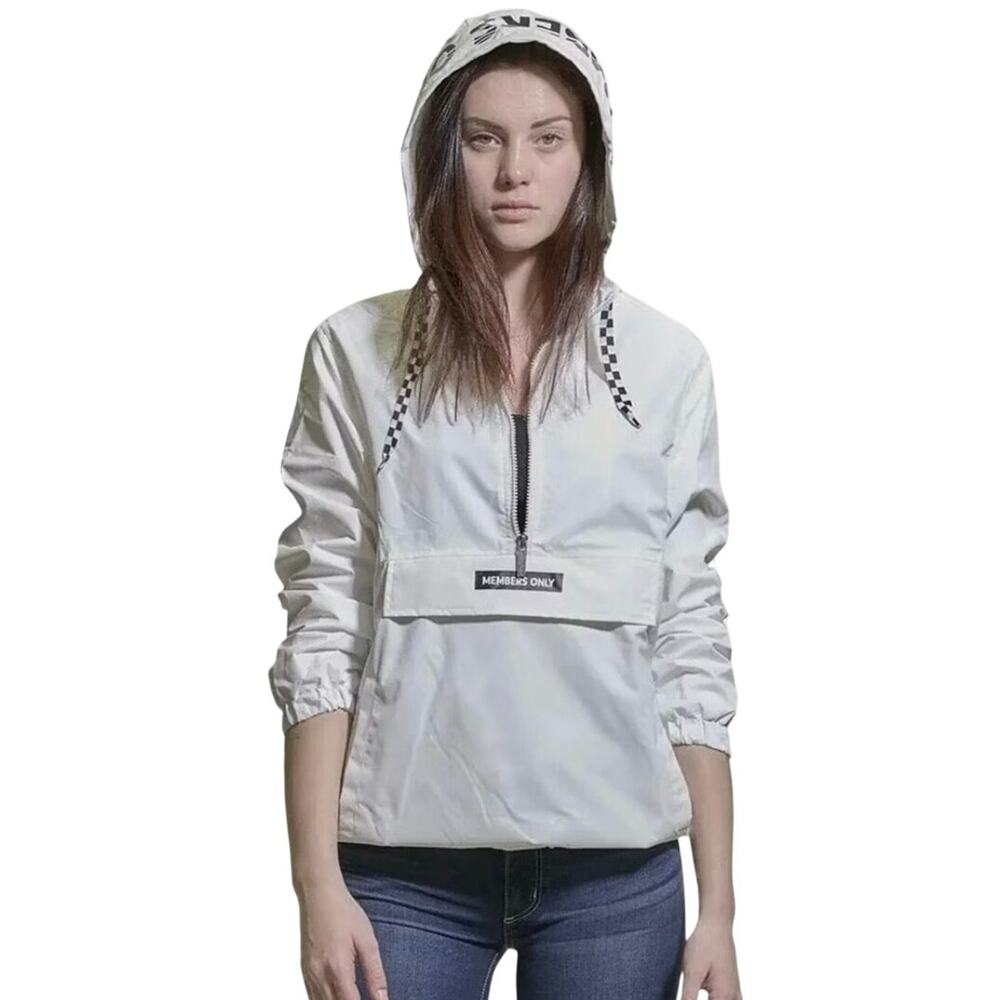 Members Only White Black Windbreaker Jacket XS Quarter Zip Hooded Pullover - Picture 2 of 14